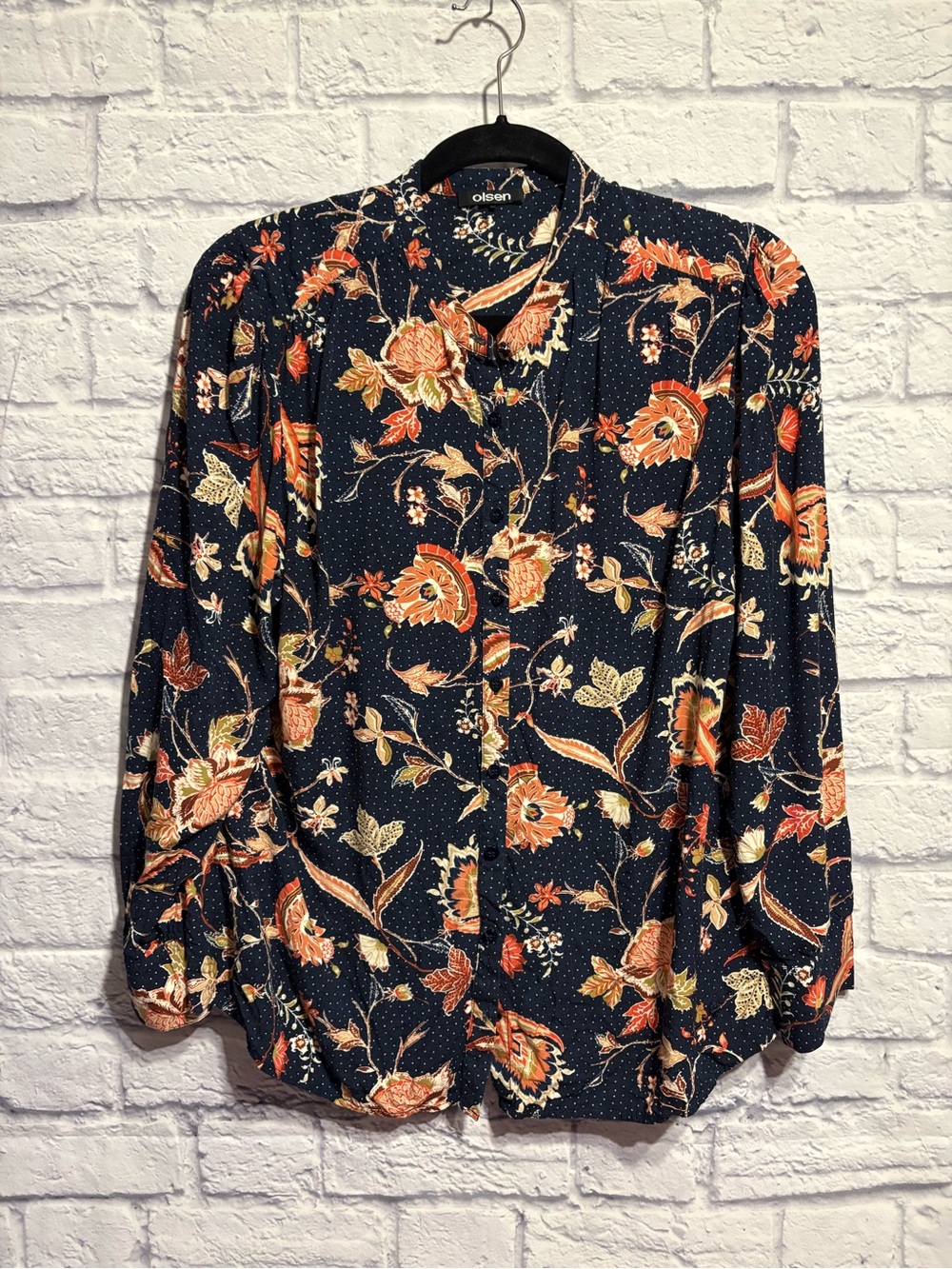 Olsen Navy Floral Button-Front Blouse with Orange Blooms L/14